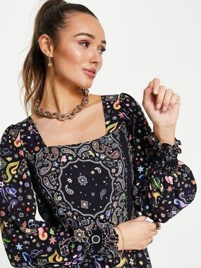 Never Fully Dressed Dolly Midi Dress Black Paisley & Celestial Print Square Neck